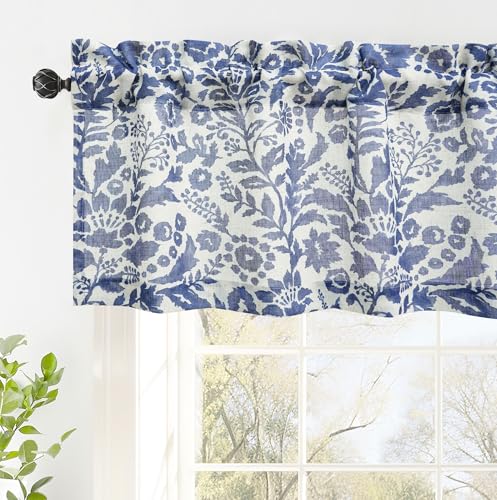 "DriftAway Linen Textured Curtain Valances for Windows Bathroom Bedroom Living Room Kitchen Windows Basement Blinds Rod Pocket Semi Sheer 52""x18"" Plus 2 Inches Header 1 Panel Julia Navy"