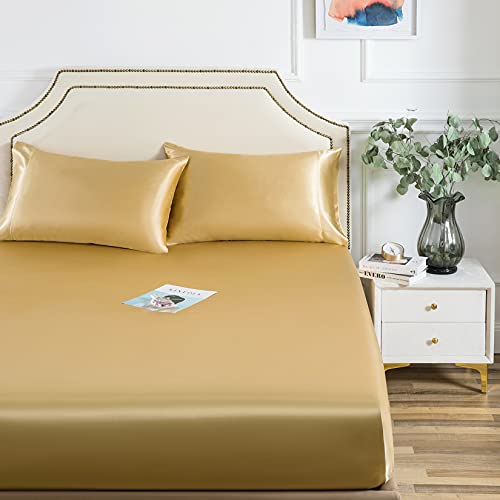 Satin Fitted Sheet, Queen Fitted Sheet Only, 1 - Piece Ultra Soft Deep Pocket Single Silk Bottom Bed Sheet Queen - Gold