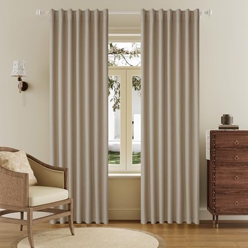 "DUALIFE 100% Blackout Linen Taupe Curtains 84 Inch for Living Room Darkening, Bedroom Linen Drapes 84 Inches Long Rod Pocket/Back Tab Heat Blocking Bohemian Pleated Window Curtain(50""x84""x2)"
