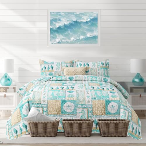 Junsey Blue Ocean Quilts Set King Size Lightweight Beach Bedspreads Coastal Seashell Conch Seahorse Starfish Bedding 3 Piece Reversible Coverlets Pillow Shams