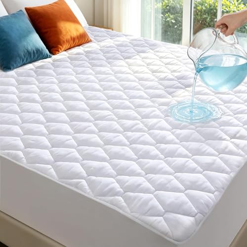 Full Size Mattress Protector Waterproof Washable Mattress Padded Cover Fitted Bed Protection Noiseless Plastic Bed Pad Deep Pocket Up to 18??? Soft and Breathable???White???