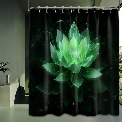 QGHOT Black and Green Shower Curtain Lotus Flower Shower Curtains for Bathroom Decor Decorative Floral Bath Curtain Set, Waterproof Cloth Fabric, 60x72in