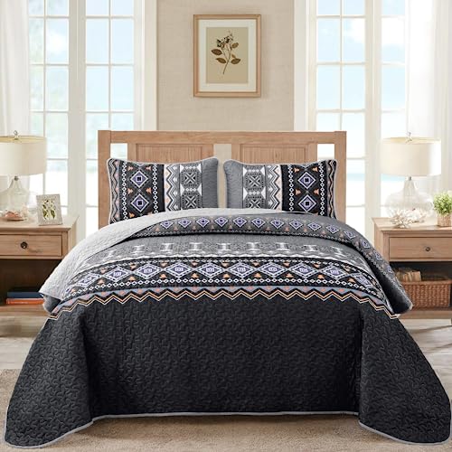 "WONGS BEDDING Boho Quilt Set Black Grey Queen Quilt Set with 2 Pillow Cases Bohemian Bedding Set Geometric Print Lightweight 97""x88"""