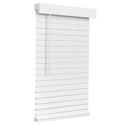 "Lotus & Windoware Cordless Faux Wood Blind, Smooth, Bright White, Privacy Slats, Blinds for Indoor Windows, 29"" Wide x 48"" Long"