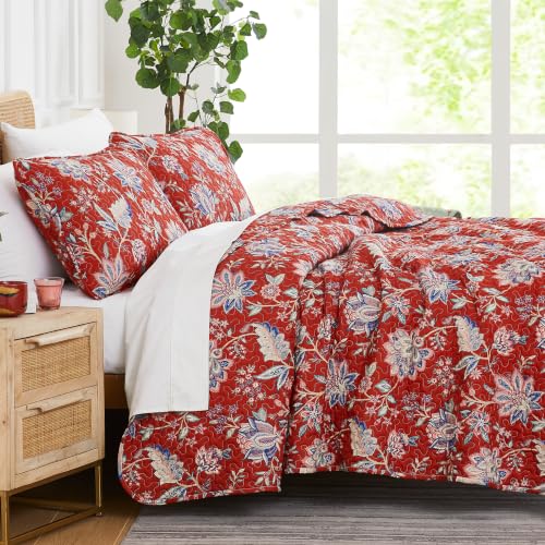 Southshore Fine Living, Inc. Oversized King Quilt Bedding Set, Jacobean Willow Floral Quilt Set with 2 Matching Pillow Shams, Lightweight California King Bed Spread, Soft Microfiber Fabric, Red