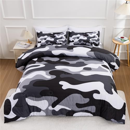 Meeting Story Camouflage Bedding Set, Colorful Pattern Style Comforter Set, 3 PCS One Comforter Two Pillowcases in One Bag, All Season Bedspread for Teens Adults (Grey,Full