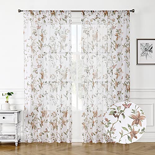 Tollpiz Floral Sheer Curtain Taupe Cherry Flower Butterfly Print Living Room Curtains Rod Pocket Voile Linen Look White Sheer Curtain for Bedroom, 54 x 84 inches Long, Set of 2 Panels