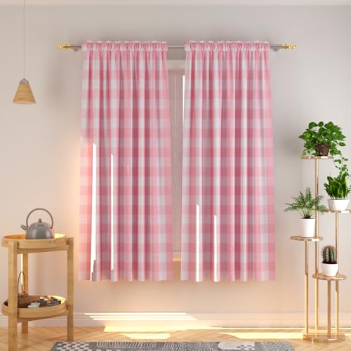 Natus Weaver Buffalo Check Curtains 72 inches Long Cotton Basement Pink and White Gingham Plaid Kitchen Window Curtain Panels Living Room Checker Drapes Bedroom Rod Pocket Window Treatment 2 Panels