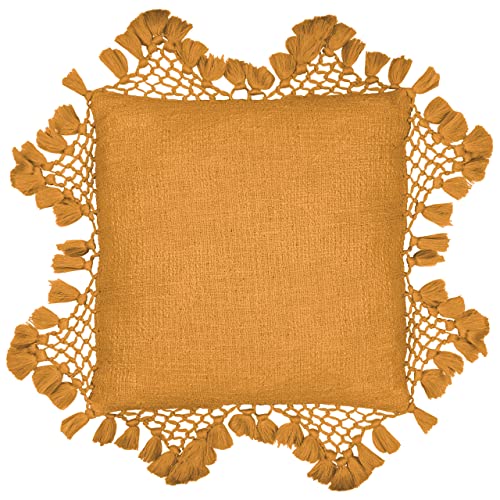 Yard furn Anko Polyester Filled Cushion – Textured Cotton with Macramé Tassel Trim (Ginger – Square)