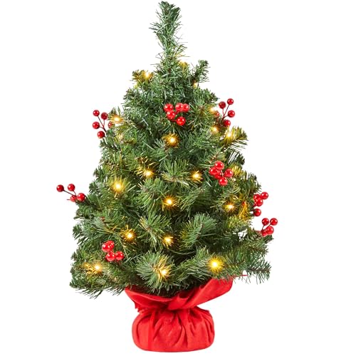 Yaheetech 1Pcs Frosted Christmas Tree, 35 Warm LED Lights, Berries, 2ft - 60cm Tabletop Artificial Xmas Tree - Stable Concrete Base - Red Berries - Festival & Home Decoration