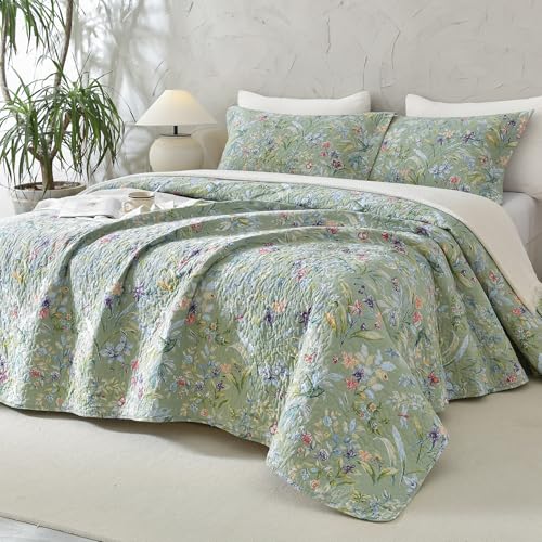 Lady Ann Green Floral 100% Cotton King Quilt Set - Green Flower Bird Butterfly Print Botanical Bedding,Vintage Lightweight Coverlet Ultra Soft Bedspread Set with Pillow Shams for All Season, 3 PCS
