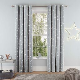 Sleepdown Teddy Fleece Glow in the Dark Super Soft Moon and Stars Eyelet Curtains for Bedroom and Living Room - 66x54 - Grey - 2 Panels