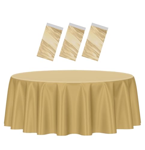 HEIPINIUYE 3 Pack Gold Tablecloth Round 84 Inch Round Plastic Table Cloth Waterproof Disposable Round Table Cover for Party Birthday Camping Picnic Baby Shower Circle Tablecloth