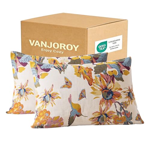 VANJOROY 100% Organic Washed Cotton Queen Pillowcases for Skin-Friendly Set of 2-1000 Thread Thick Count 20x30 Inches Luxury Boho Pillow Cases, Muslin Bird Floral Pattern Pillow Cover -Beige
