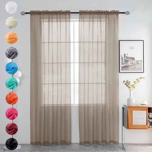 youleyar Solid Sheer Rod Pocket Curtain Voile Draperies 2 Panels White Beige Black Grey Ivory 52 Inch Width 96 Inch Long 1 Pair for Kitchen Bedroom Children Living Room Yard (Taupe,52W???96L)
