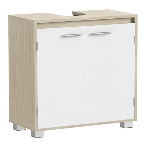 VASAGLE Under Sink Bathroom Cabinet, Under Sink Storage Cabinet, 2 Compartments Behind the Door, Fits Various Washbasins, with Feet, 30 x 60 x 60 cm, Natural Beige and Cloud White BBK506L01