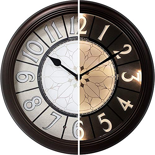 "PRESENTIME & Co. 12.6"" Illuminated Farmhouse Wall Clock, Silent Battery Operated Night Light Wall Clock with Smart LED Sensor for Living Room, Bathroom, Kitchen, Home Office, Oil Rubbed Bronze Finish"