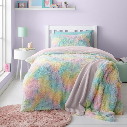 Catherine Lansfield Rainbow Cuddly Deep Pile Faux Fur Single Duvet Cover Set with Pillowcase Pastel