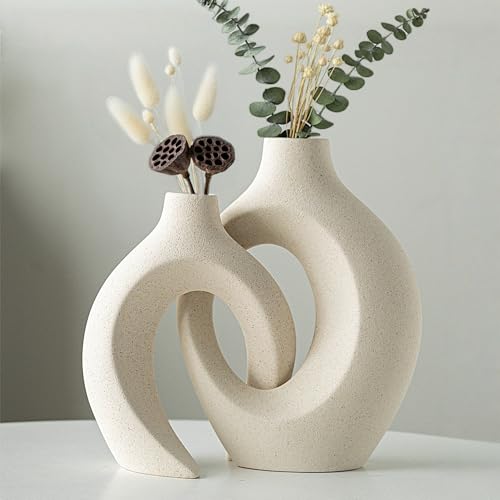 Levvohd Off White Hollow Ceramic Vase Set of 2, Round Modern Vase for Nordic Minimalist Book Style Shelf Decor, Donut Boho Aesthetic Vases for Trendy Home Living Room Entryway Coffee Table Decorative