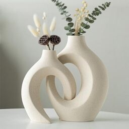 Levvohd Off White Hollow Ceramic Vase Set of 2, Round Modern Vase for Nordic Minimalist Book Style Shelf Decor, Donut Boho Aesthetic Vases for Trendy Home Living Room Entryway Coffee Table Decorative