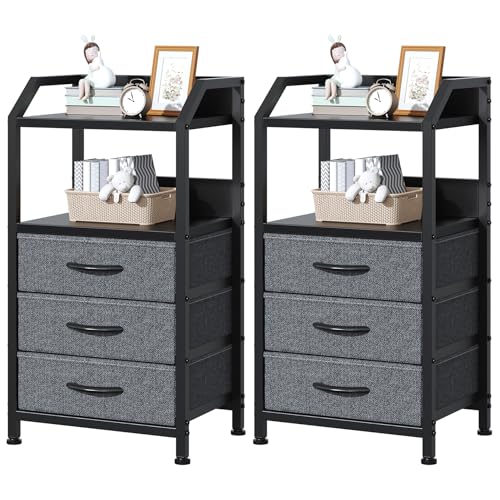 Feonase Set of 2 Bedside Table with 3 Fabric Drawers & Shelf, Nightstand for Bedroom, Living Room, Small Spaces – Metal Frame & Wooden Top, Sofa End Table with Storage for Home Décor, Deep Grey