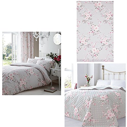 Catherine Lansfield Canterbury Double Duvet Set & Matching Pencil Pleat Curtains - Grey, 66 x 72 Inches & Bedspread, 240 x 260 cm
