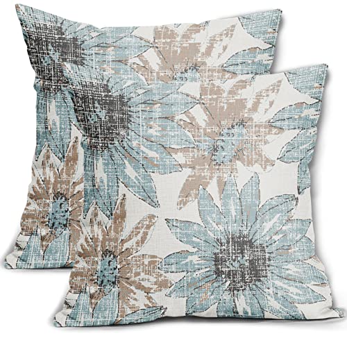 Light Blue and Brown Pillow Covers 18x18 Set of 2 Retro Sunflower Flowers Print Decorative Throw Pillows Outdoor Modern Art Floral Pillowcase Square Linen Cushion Case for Home Sofa Couch Bed