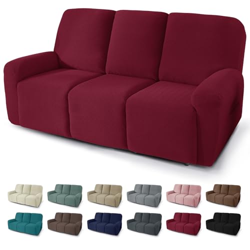 JIVINER 5 Piece Recliner Sofa Covers - Jacquard Soft and Washable Recliner Sofa Cover for 3 Cushion Couch (Wine Red, 3 Seater)