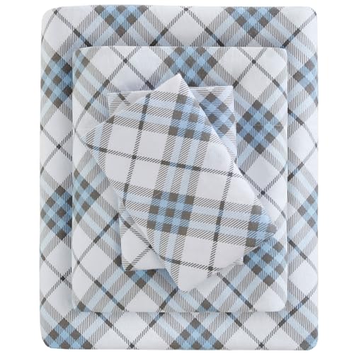 True North by Sleep Philosophy Cozy Flannel 100% Cotton Ultra Soft Cold Weather Sheet Set Bedding, Twin, Blue Plaid