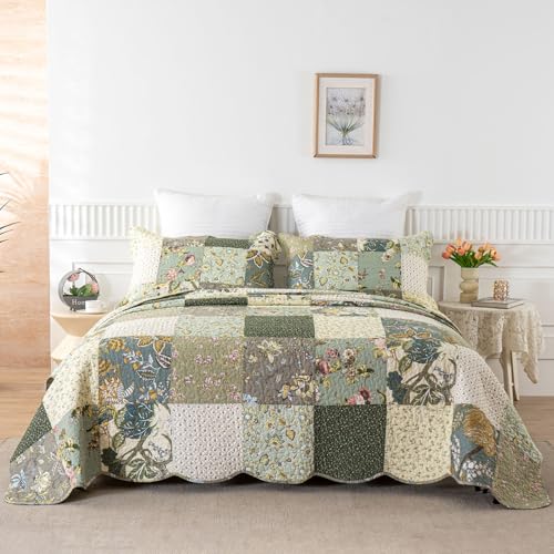 YAYIDAY Quilt King Size Patchwork Bedspread Set - 100% Cotton Reversible Breathable Floral Quilted Quilt with Pillow Shams Fit All Season