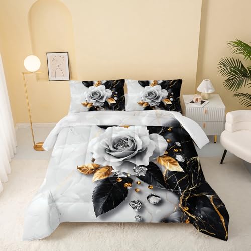 QOOMO 3Pcs Flower Print Comforter Set Full Size,Cartoon Plants Bedding Set for Teens Boys Girls,Black White Comforter with 2 Pillowcases,Soft and Lightweight