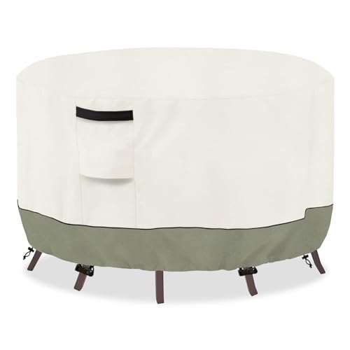 "SoloToo Round Outdoor Table Cover Waterproof Patio Furniture Covers, Round Patio Table Chair Set Covers - 42"" Dia x 28"" H (Beige & Green)"