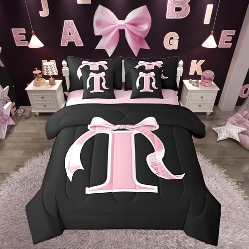 jejeloiu Kids Girls Black Pink Bow Comforter Set with Sheets Twin Size Monogrammed 7 Piece Bedding Set Personalized Initial I Bed in a Bag with Comforter,Sheets,Pillowcases Modern Fashion Bed Set