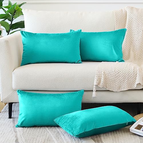 OTOSTAR Set of 4 Decorative Throw Pillow Covers Soft Velvet Solid Lumbar Pillow Cases Luxury Cushion Covers Case for Sofa Car Patio Bedroom Living Room 16x24 Inch, Teal