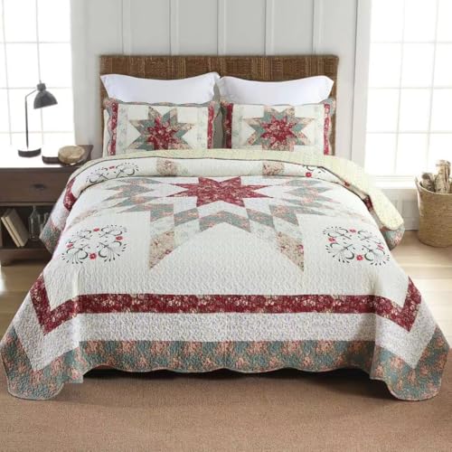 camandy Cotton Bedspread Quilt Bedding Sets, 3 Pieces Reversible Coverlets Comforters Star with Red Floral Real Patchwork Bedspread,Queen Size