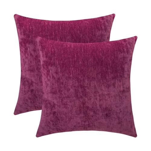 Qanatmz Fuchsia Pink Soft Throw Pillow Covers Decorative Chenille Square Couch Cushion Cases for Livingroom Sofa Decor, Set of 2,20 x 20 Inches
