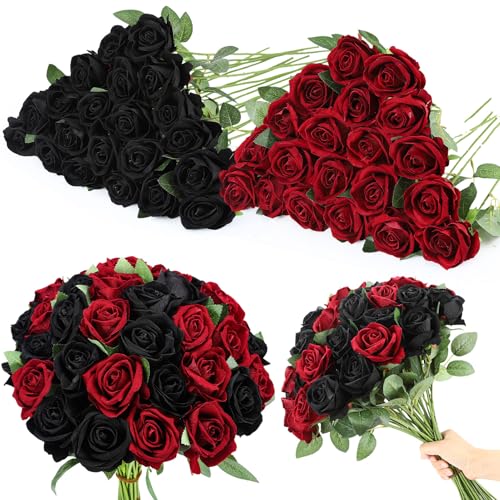 Ovveroche 80 Pcs Roses Artificial Flowers, Silk Black & Red Artificial Flowers Petals Long Stem Roses for Wedding Bouquet Home Party Decor
