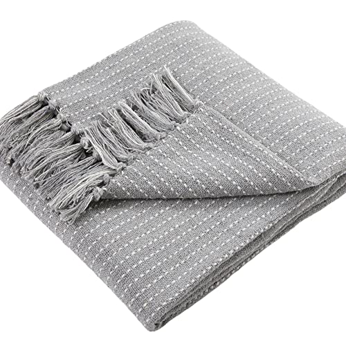Drift Home - Grey Throw with Tassel (180 x 130cm) - 100% Sustainable Recycled Cotton Woven Stripe Textured Sofa Blanket/Bed Throw - Home Decor