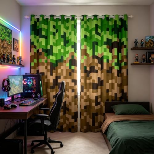 Miners Style Square Grid Window Curtain,Brown Green Army Camo Curtains for Kids Boys Teens Men Room Decor,Cartoon Gamepad Modern Window Treatment Curtain Pixelated Games Window Drapes,52Wx84L