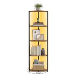 VASAGLE 5-Tier Corner Shelf, Bookcase with Adjustable LED Lights, Storage Shelf with Steel Frame, 24.8 x 48 x 146.6 cm, for Living Room, Bedroom, Study, Rustic Brown LBC590K02