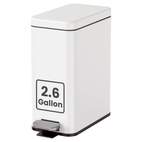 Cesun Bathroom Trash Can with Lid, 2.6 Gallon Small Bathroom Garbage Can Soft Close, Stainless Steel Waste Basket with Step Pedal for Bedroom, Laundry Room, Living Room, Home Office, Toilet, RV, White