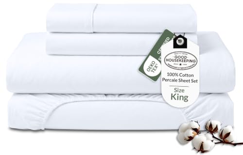 Royale Linens 100% Organic Cotton King Sheet Set - Percale Weave - 4 Pieces Set - 1 Flat, 1 Deep Pocket Fitted Sheet and 2 Pillowcases - White Bed Sheets - S??banas King - Crisp Cool (White)