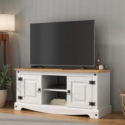 Corona White TV Stand Flat Screen Entertainment Unit 2 Door Television Cabinet Mexican Solid Pine 52cm H x 115cm W x 40cm D