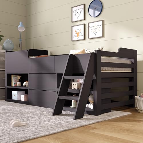Merax 3FT Single Bed With Storage - Toddler Bed With Drawers Shelf - Solid Wood Cabin Frame - Mid Sleeper for Kids - 90x190cm Taupe