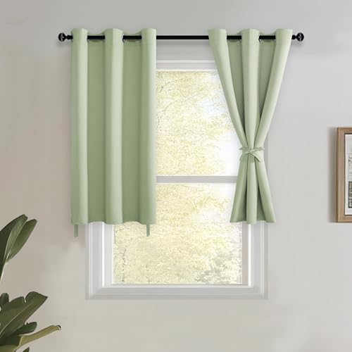 JIUZHEN Light Green Blackout Curtains with Tiebacks Thermal Insulated, Light Blocking and Noise Reducing Grommet Curtains for and Living Room, Set of 2 Window Curtain Panels, 34 x 24 Inch Length