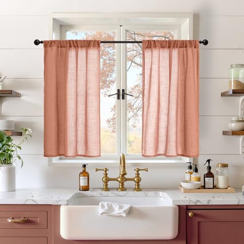 BGment Terracotta Linen Short Curtains 36 Inch Length for Window, Semi Sheer Drapes for Kitchen Cafe Over Sink Bathroom Decor Rustic Textured Rod Pocket Lightweight, 2 Panels Set, Each 30 Inch Wide