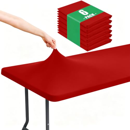 "Moosfor Spandex 4 Foot Rectangle Table Cloth 6 Pack, Elastic Fitted Tablecloths for Picnic, Stretch Washable Patio Table Cover for Outdoor, Camping, Banquet and Parties (Red, 30""x48"")"