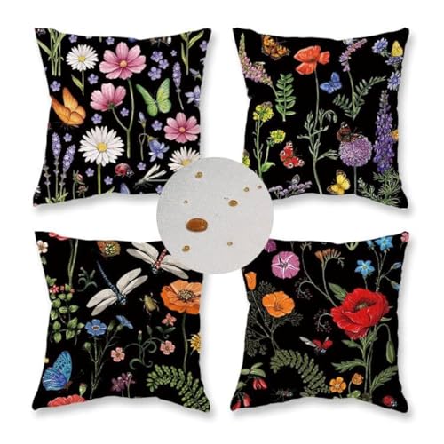 ONWAY Outdoor Waterproof Spring Summer Pillow Covers 18x18 Inch Set of 4 Floral Farmhouse Throw Pillows Decorative Cushion Cases for Outdoor Couch Sofa Patio Furniture Home Decoration Black