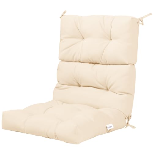 RELAX4LIFE High Back Chair Cushion with 4 Rope Belts (Beige) - Garden Patio Rocking Chaise Lounge Seat Cushion , Tri-Fold Thick Chair Pad Waterproof Sun-Protection for Indoor Outdoor