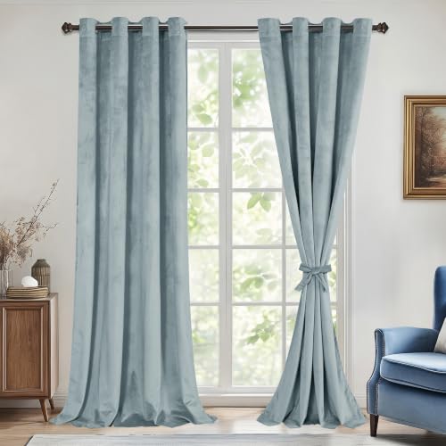 DWCN Velvet Curtains - 90 Inches Long Thick Grommet Tieable Window Treatments Room Darkening Privacy Protect Blackout Drapes for Bedroom Living Room Home Decor, Stone Blue, W52 x L90, 2 Panels